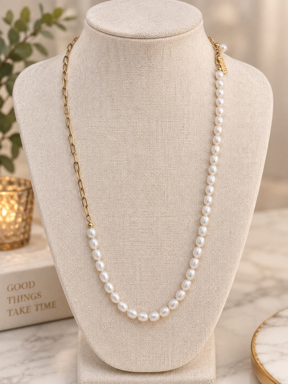 Eliou Pearl Gold Filled Tone Chain Necklace Classic Elegant